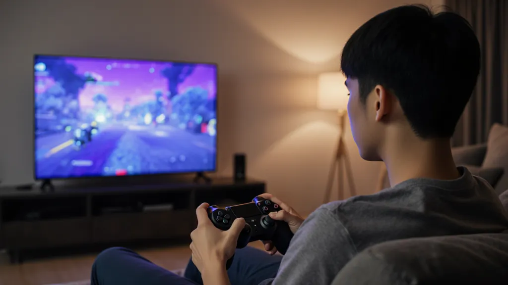 Gamer bermain game AAA lewat layanan cloud gaming di ruang tamu menggunakan controller