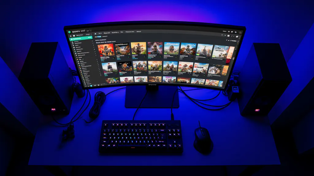 Setup PC gaming dengan tampilan library game digital di monitor