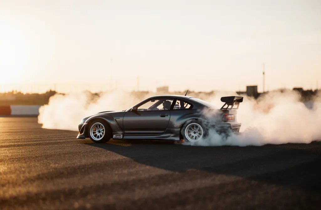 Mobil remote control drift melintir di lintasan aspal dengan efek asap