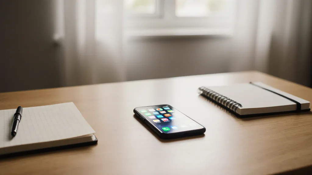 Smartphone budget 1 jutaan di meja belajar dengan pencahayaan natural