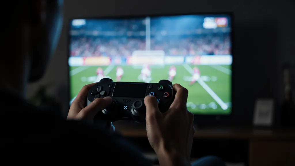 Tangan memegang controller saat bermain game sepak bola PES atau FIFA